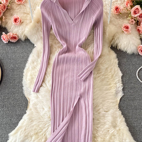 Women Knitted Dress Long Sleeve V Neck Elastic