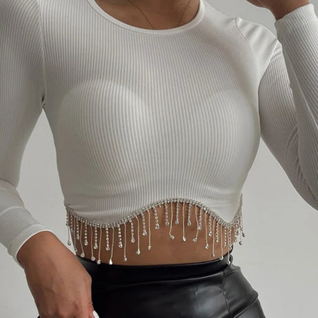 Rhinestone Tassel Cropped Tops Women Slim Solid - Premium  from vistoi shop - Just $34.99! Shop now at vistoi shop