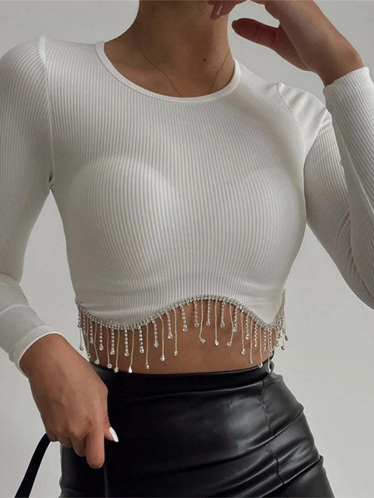 Rhinestone Tassel Cropped Tops Women Slim Solid - Premium  from vistoi shop - Just $34.99! Shop now at vistoi shop
