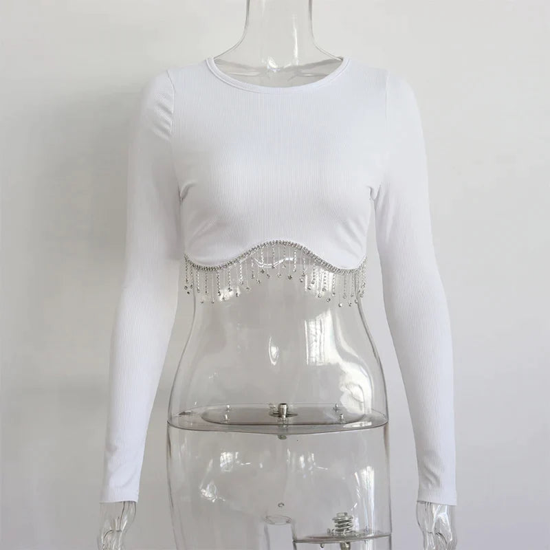 Rhinestone Tassel Cropped Tops Women Slim Solid - Premium  from vistoi shop - Just $34.99! Shop now at vistoi shop