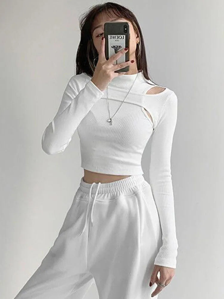 Knitted Crop Tops Women New Fitness Fake Two-piece T-shirt - Premium  from vistoi shop - Just $29.99! Shop now at vistoi shop