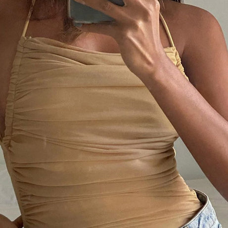 Bodysuits Fashion Mesh Ruched Halter Bodysuit Women