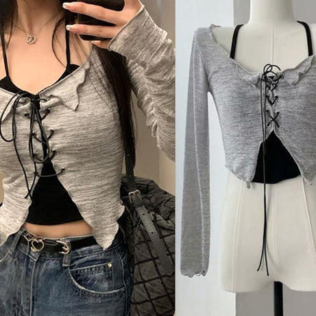Suspender Cardigan Set Women's Early Autumn V-neck Slim Crop