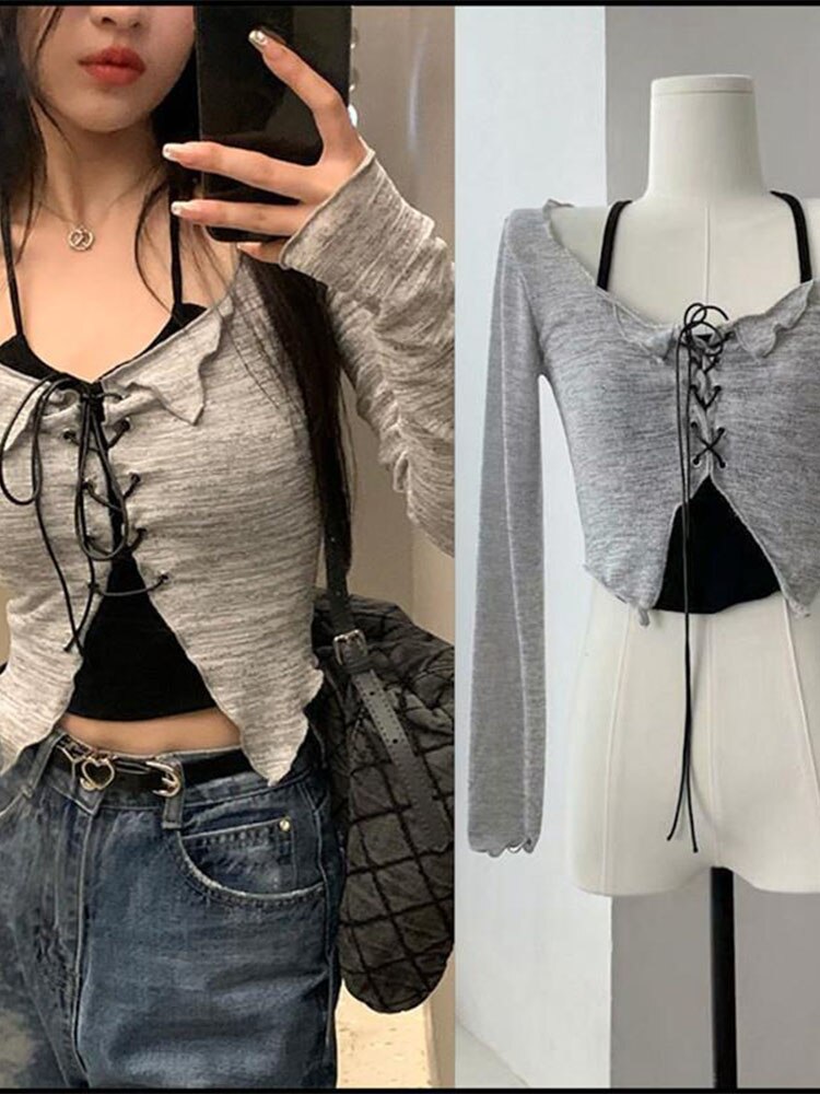Suspender Cardigan Set Women's Early Autumn V-neck Slim Crop