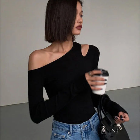 Fashion Skew Collar Off-shoulder Long-sleeved T-shirts Spring 2023 - Premium  from vistoi shop - Just $26.86! Shop now at vistoi shop