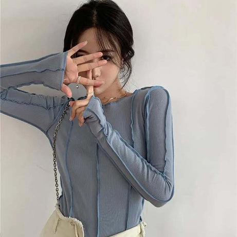 Long Sleeve T-shirts Women Spring Solid O-Neck Elegant Bright