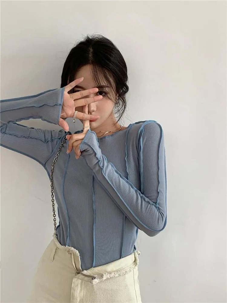 Long Sleeve T-shirts Women Spring Solid O-Neck Elegant Bright