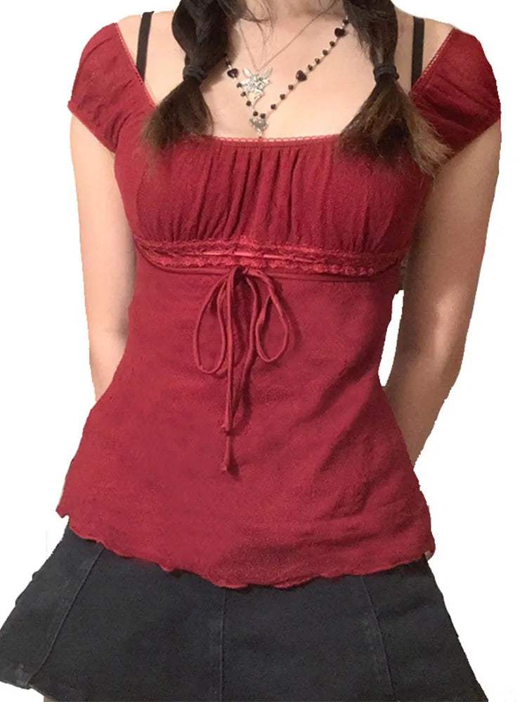Aesthetic Sweet Lace Tops Women Off Shoulder Drawstring T-shirt - Premium  from vistoi shop - Just $26.99! Shop now at vistoi shop