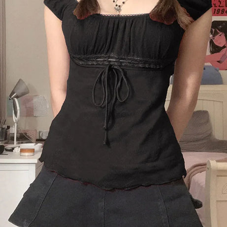 Aesthetic Sweet Lace Tops Women Off Shoulder Drawstring T-shirt - Premium  from vistoi shop - Just $26.99! Shop now at vistoi shop