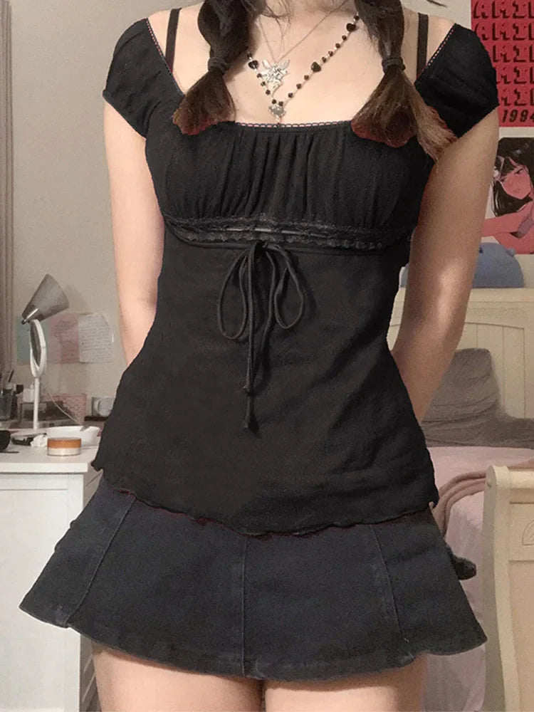 Aesthetic Sweet Lace Tops Women Off Shoulder Drawstring T-shirt - Premium  from vistoi shop - Just $26.99! Shop now at vistoi shop