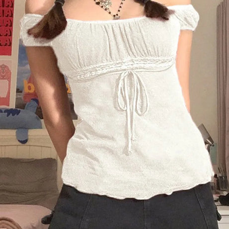 Aesthetic Sweet Lace Tops Women Off Shoulder Drawstring T-shirt - Premium  from vistoi shop - Just $26.99! Shop now at vistoi shop
