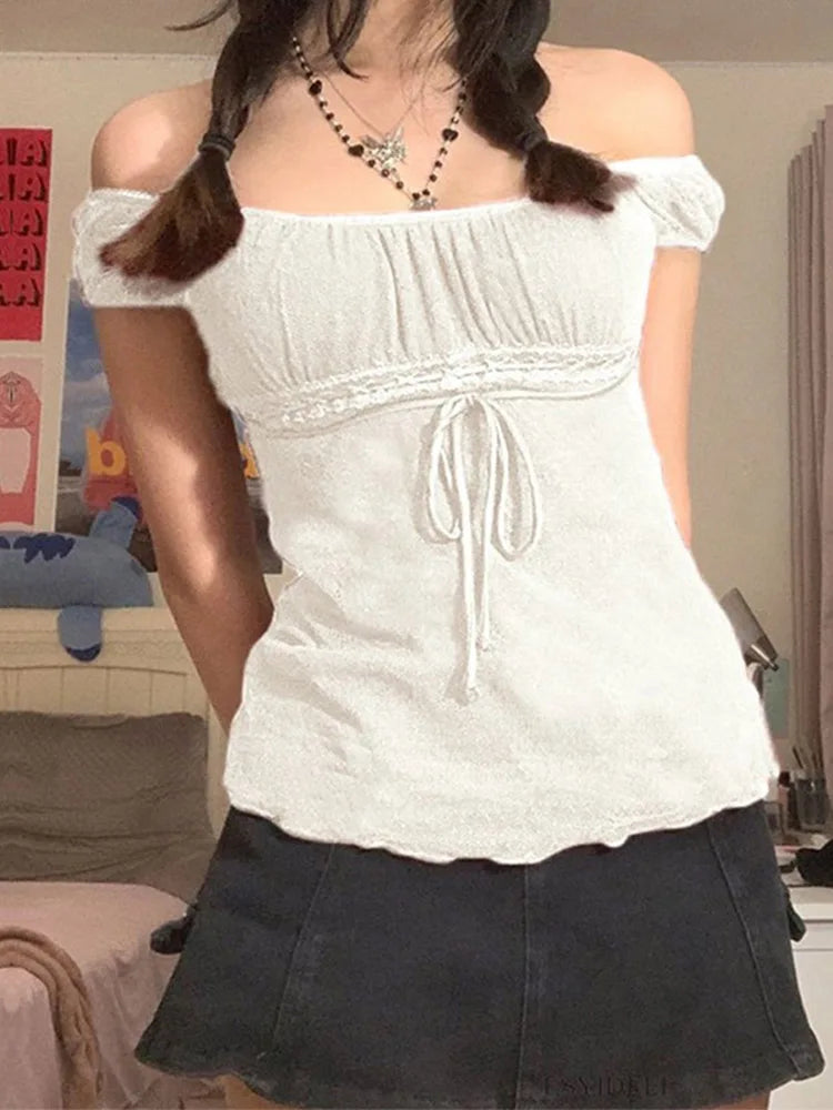Aesthetic Sweet Lace Tops Women Off Shoulder Drawstring T-shirt - Premium  from vistoi shop - Just $26.99! Shop now at vistoi shop