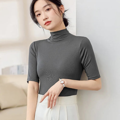Half Turtleneck Milk Silk Tops Women Short Sleeve Slim T-Shirt - Premium  from vistoi shop - Just $24.99! Shop now at vistoi shop