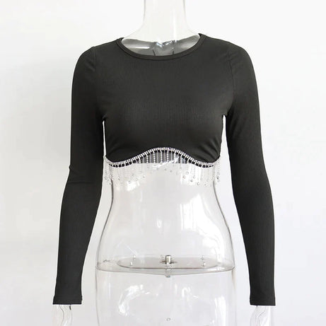 Rhinestone Tassel Cropped Tops Women Slim Solid - Premium  from vistoi shop - Just $34.99! Shop now at vistoi shop