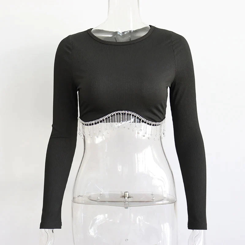 Rhinestone Tassel Cropped Tops Women Slim Solid - Premium  from vistoi shop - Just $34.99! Shop now at vistoi shop