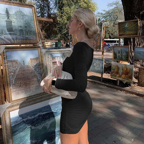 Ruched Solid Women Long Sleeve Mini Dress Bodycon 2023 - Premium  from vistoi shop - Just $28.99! Shop now at vistoi shop