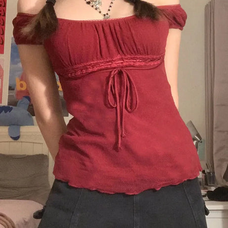 Aesthetic Sweet Lace Tops Women Off Shoulder Drawstring T-shirt - Premium  from vistoi shop - Just $26.99! Shop now at vistoi shop