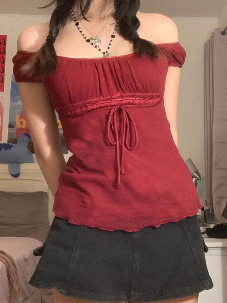 Aesthetic Sweet Lace Tops Women Off Shoulder Drawstring T-shirt - Premium  from vistoi shop - Just $26.99! Shop now at vistoi shop