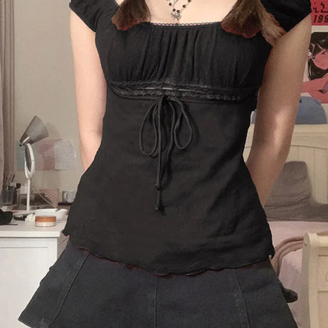 Aesthetic Sweet Lace Tops Women Off Shoulder Drawstring T-shirt - Premium  from vistoi shop - Just $26.99! Shop now at vistoi shop