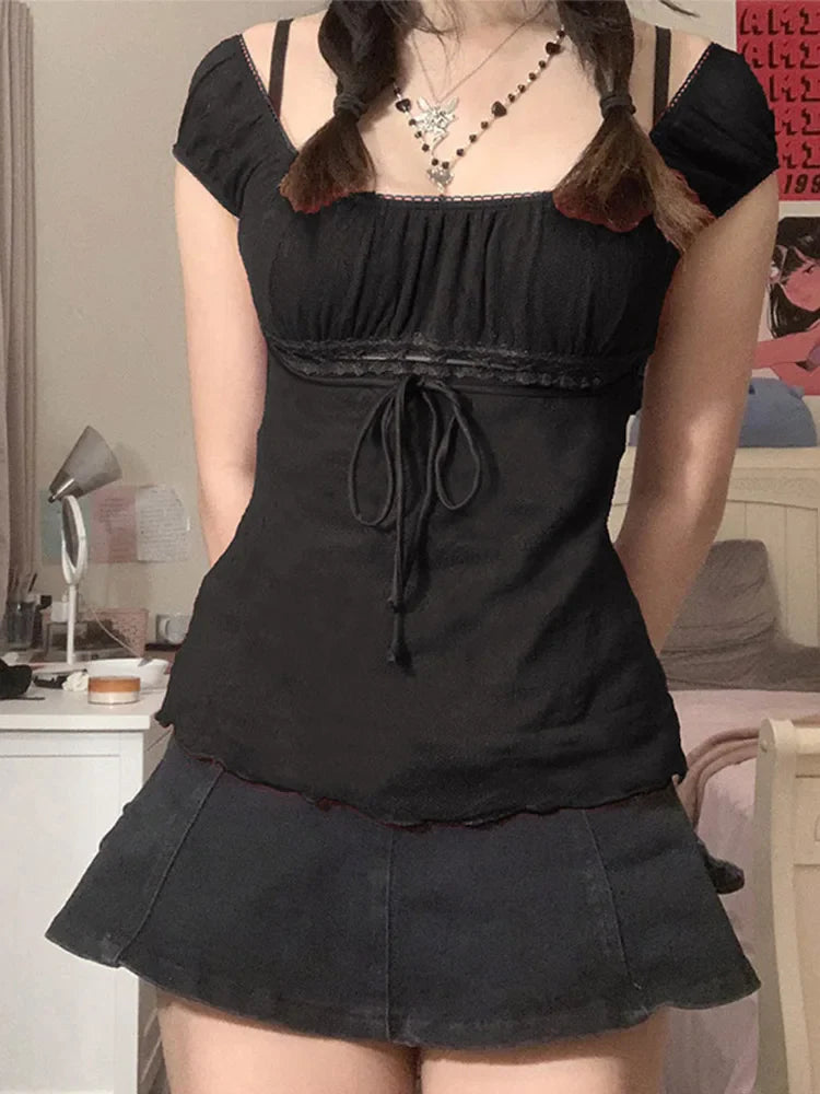 Aesthetic Sweet Lace Tops Women Off Shoulder Drawstring T-shirt - Premium  from vistoi shop - Just $26.99! Shop now at vistoi shop