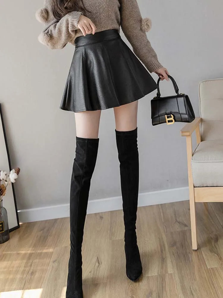 Pleated Skirt Autumn Women Solid Color Leather Winter Skirts - Premium  from vistoi shop - Just $32.75! Shop now at vistoi shop