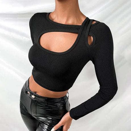 Cut Out Crop Top Women Black Fashion 2023 Autumn Winter - Premium  from vistoi shop - Just $24.99! Shop now at vistoi shop