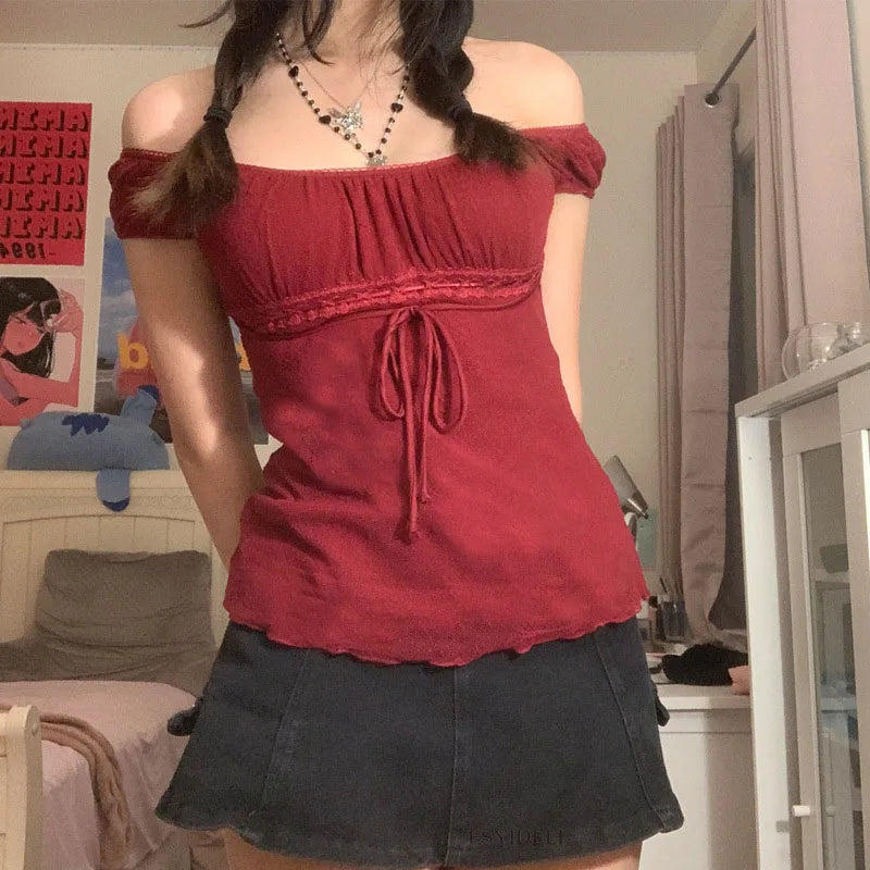 Aesthetic Sweet Lace Tops Women Off Shoulder Drawstring T-shirt - Premium  from vistoi shop - Just $26.99! Shop now at vistoi shop