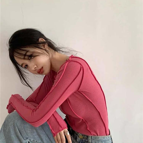 Long Sleeve T-shirts Women Spring Solid O-Neck Elegant Bright