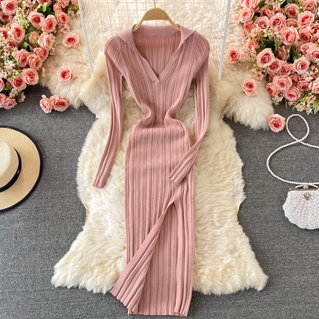 Women Korean Knitted Dress Long Sleeve V Neck Elastic - Premium  from vistoi shop - Just $34.99! Shop now at vistoi shop