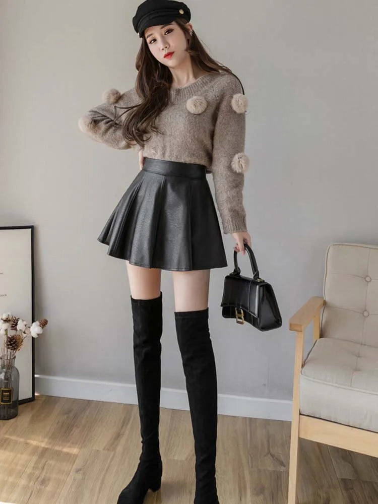 Pleated Skirt Autumn Women Solid Color Leather Winter Skirts - Premium  from vistoi shop - Just $32.75! Shop now at vistoi shop