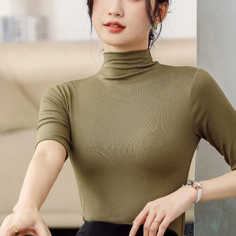 Half Turtleneck Milk Silk Tops Women Short Sleeve Slim T-Shirt - Premium  from vistoi shop - Just $24.99! Shop now at vistoi shop