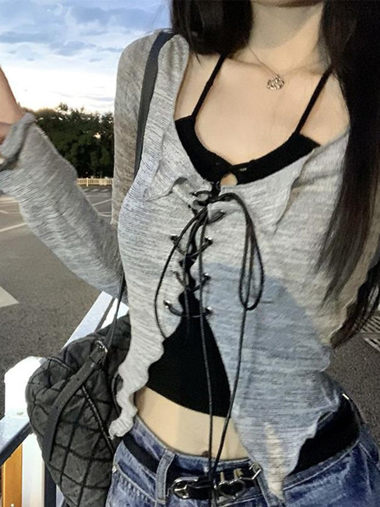 Suspender Cardigan Set Women's Early Autumn V-neck Slim Crop