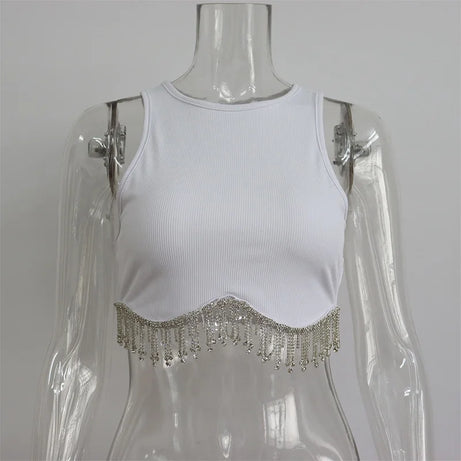 Rhinestone Tassel Cropped Tops Women Slim Solid - Premium  from vistoi shop - Just $34.99! Shop now at vistoi shop