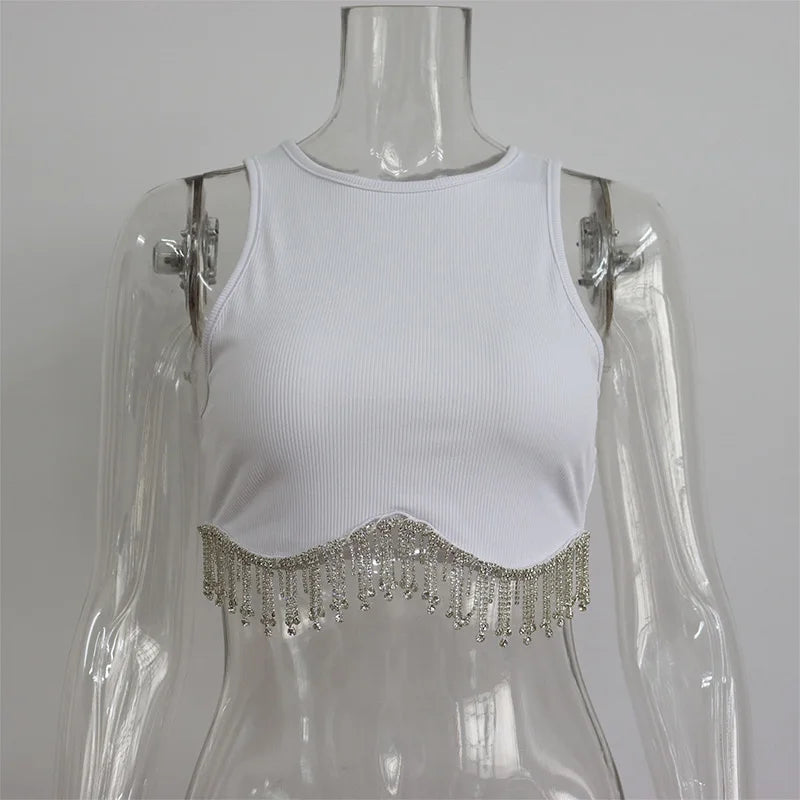 Rhinestone Tassel Cropped Tops Women Slim Solid - Premium  from vistoi shop - Just $34.99! Shop now at vistoi shop