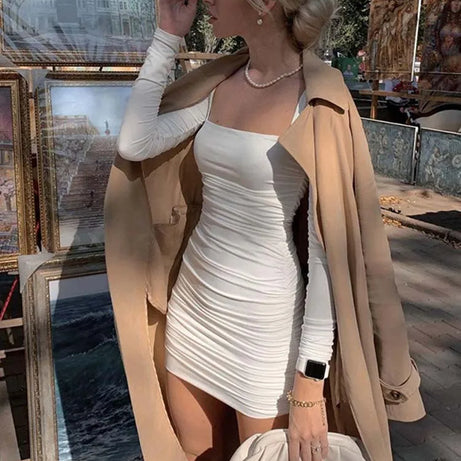 Ruched Solid Women Long Sleeve Mini Dress Bodycon 2023 - Premium  from vistoi shop - Just $28.99! Shop now at vistoi shop